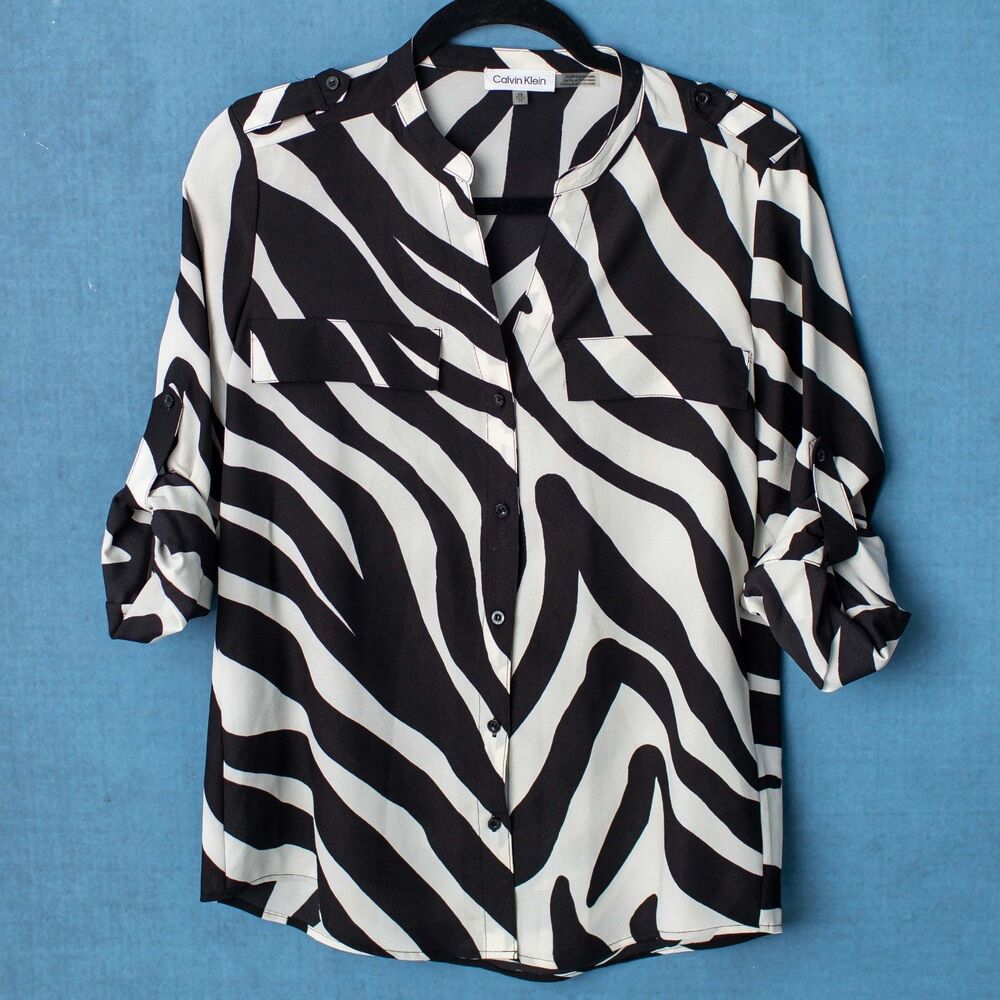 Calvin Klein Women's XS Zebra Print Black White Roll Tab Sleeve Blouse Shirt